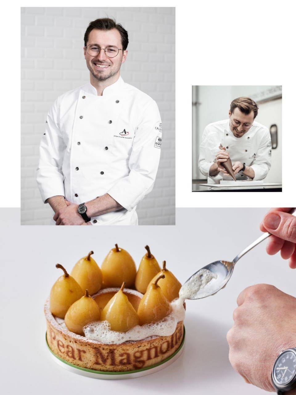 Images of Nicoll Notter and the pear dessert he contribute to So Good #29