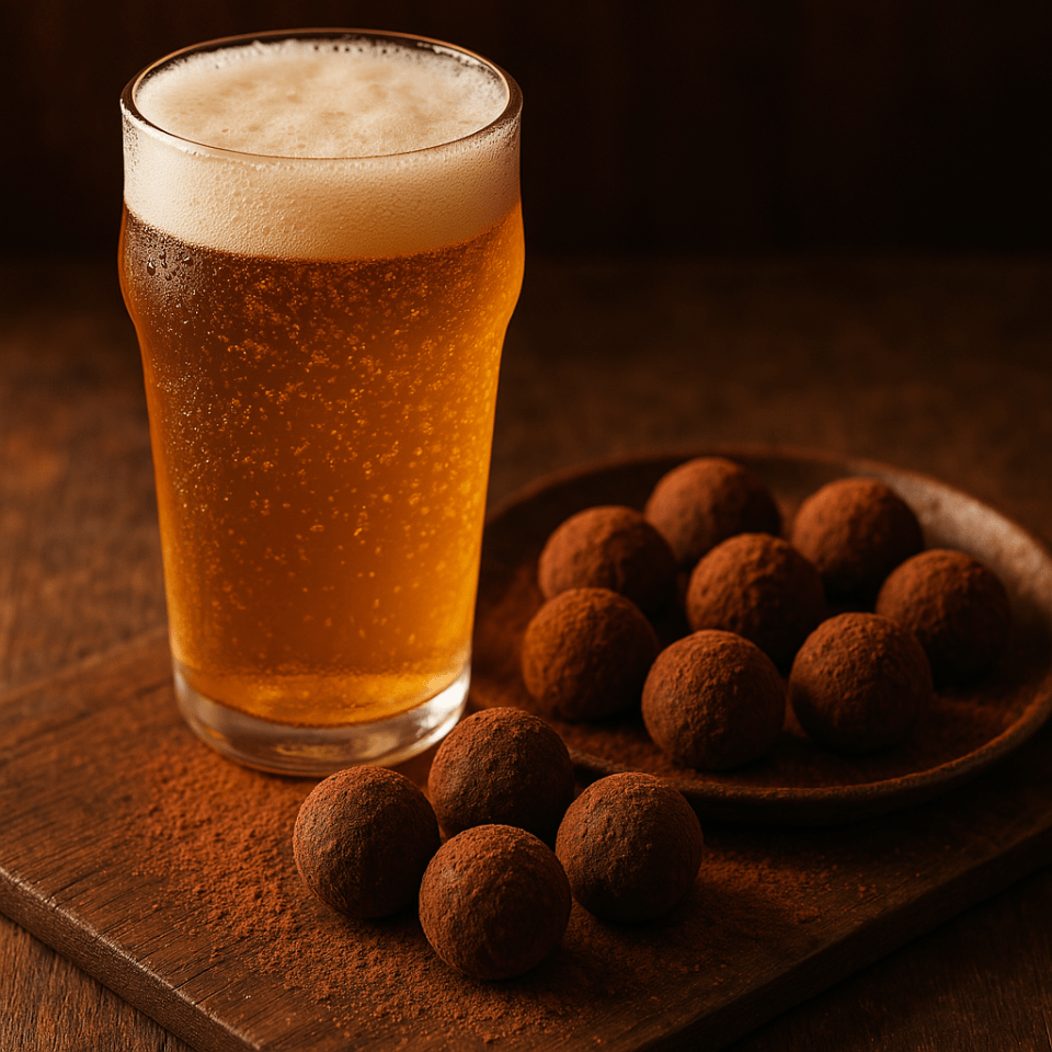 A hand holds a glass schooner of beer