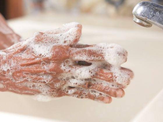 soapy hands in a handwashing sink